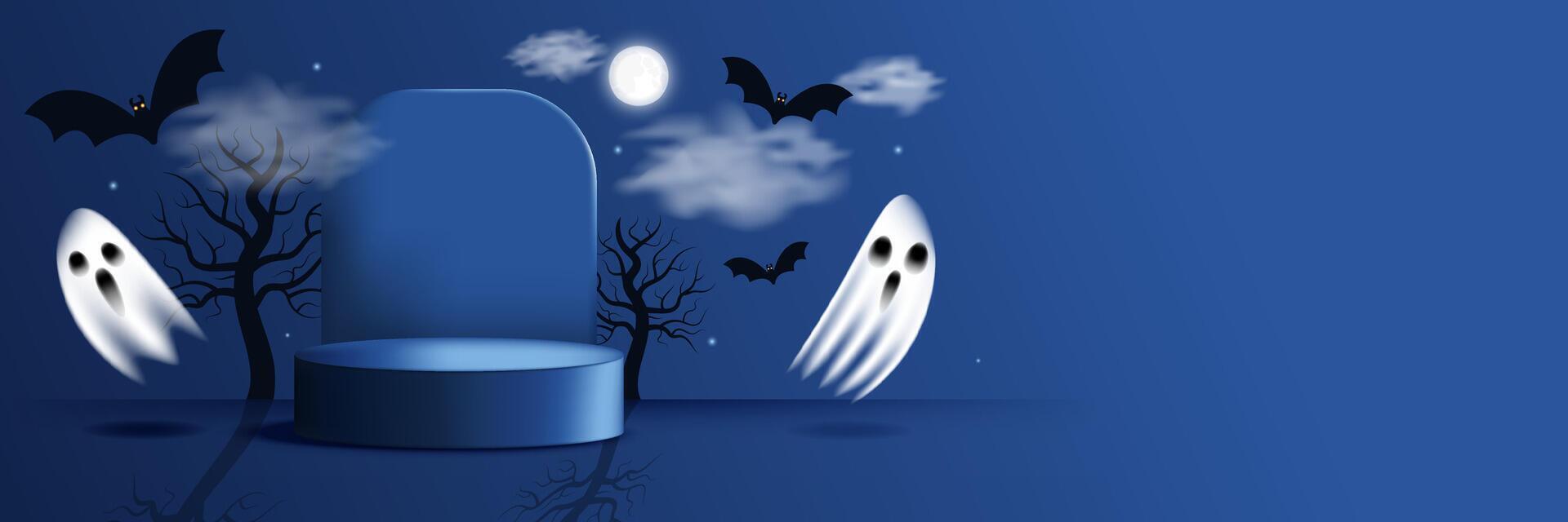 Wide Halloween horizontal background with flying ghosts, moon, clouds and tree silhouettes. Great for web banner or header. illustration vector