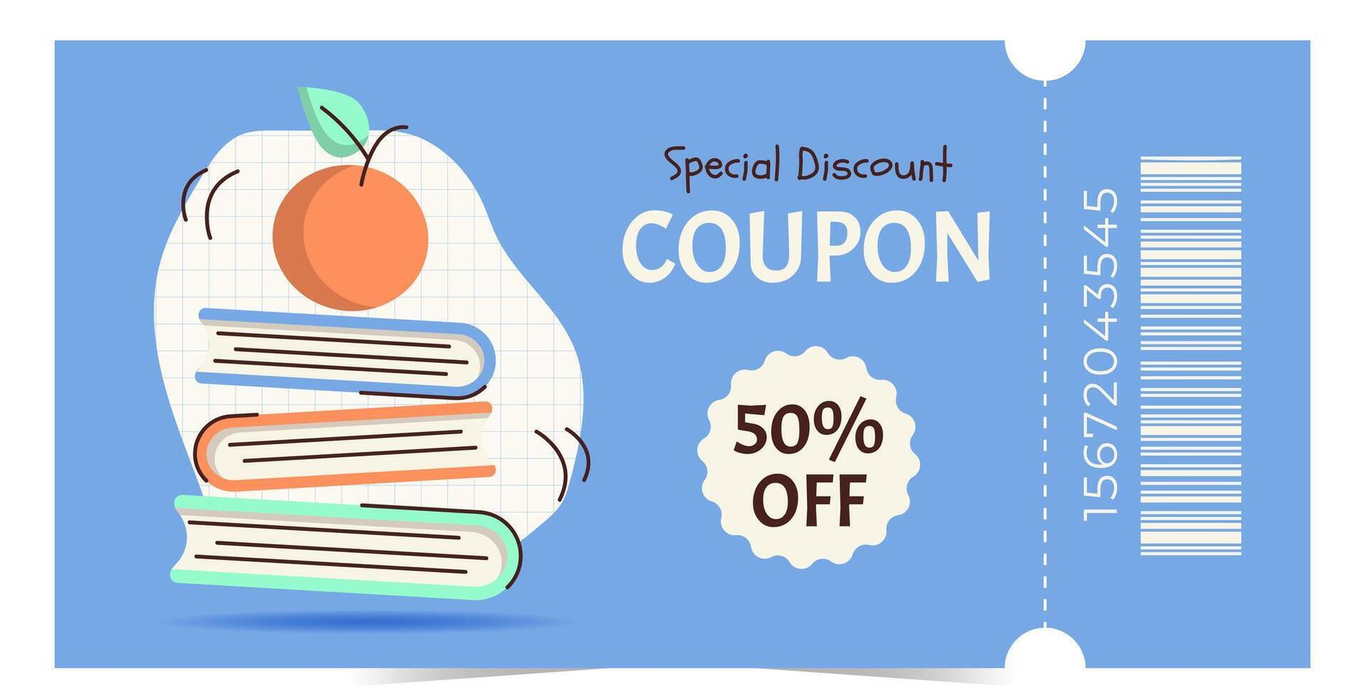 Modern gift voucher template with apple and books. Design for promotions, discounts, rewards and marketing materials. Flat illustration vector