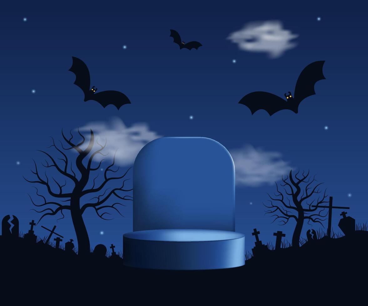 Horizontal Halloween mockup with bats, podium and spooky trees. Space for text or product design. illustration vector