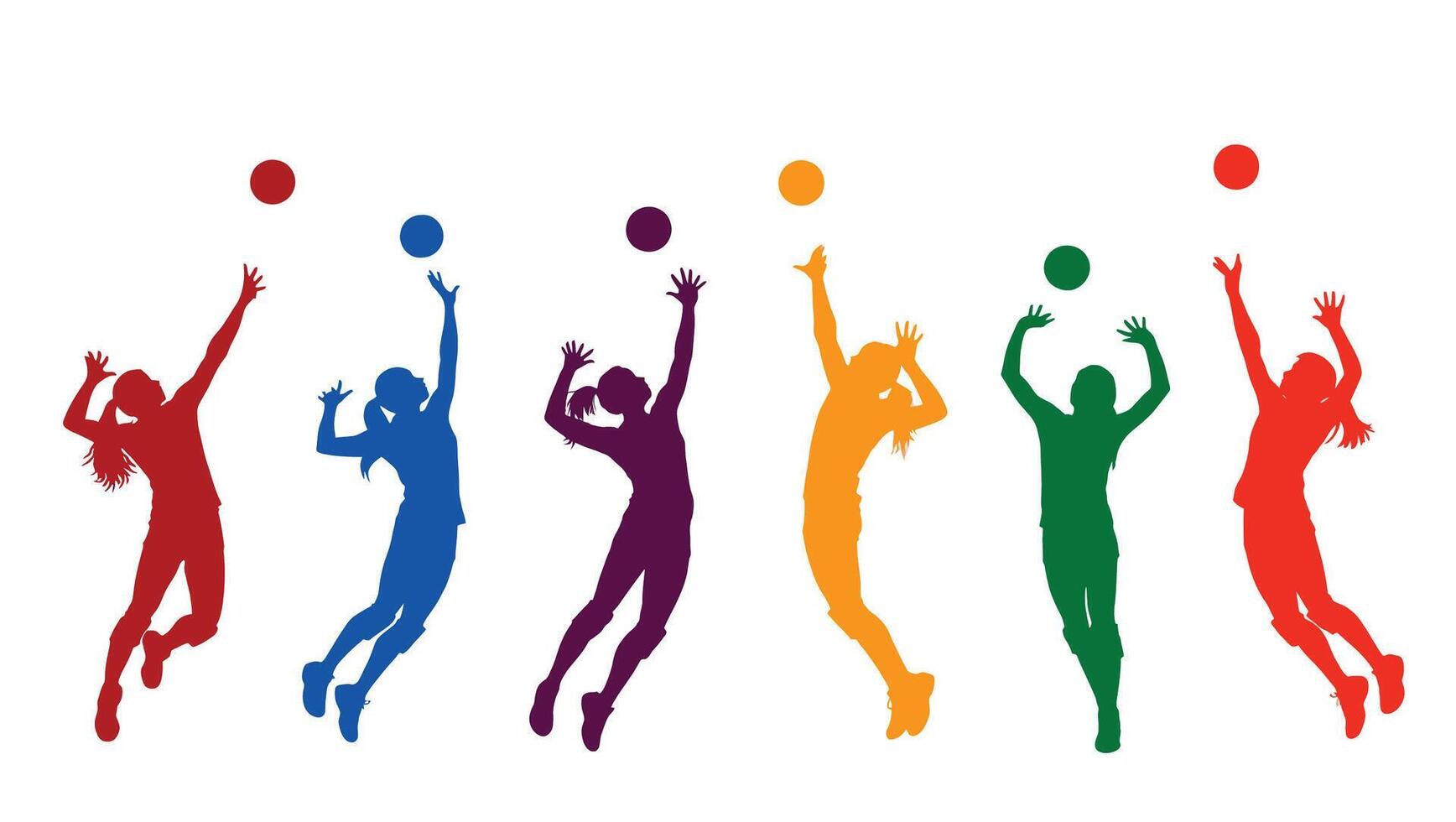 Dynamic Silhouettes of Female Volleyball Players Leaping and Spiking in a Colorful and Energetic Competition vector