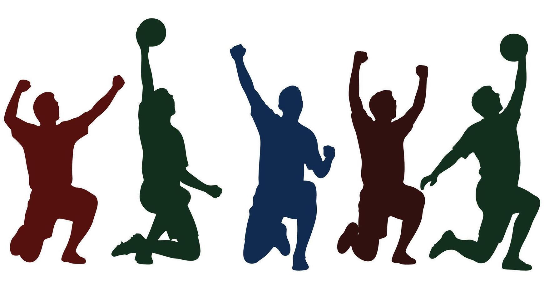 Five Jubilant Athletes Celebrate Victory in Dynamic Silhouettes Against a White Background - Professional digital artwork with vibrant colors and detailed composition vector