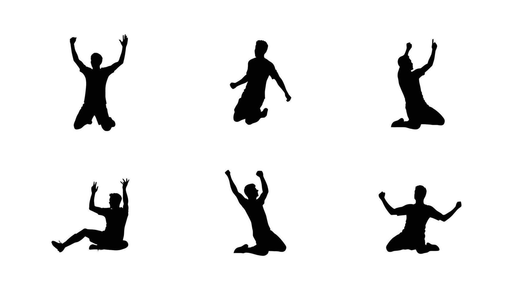 Six Silhouettes of Joyful Men Celebrating Victory with Arms Raised High in a White Background, Exuding Energy and Triumph vector