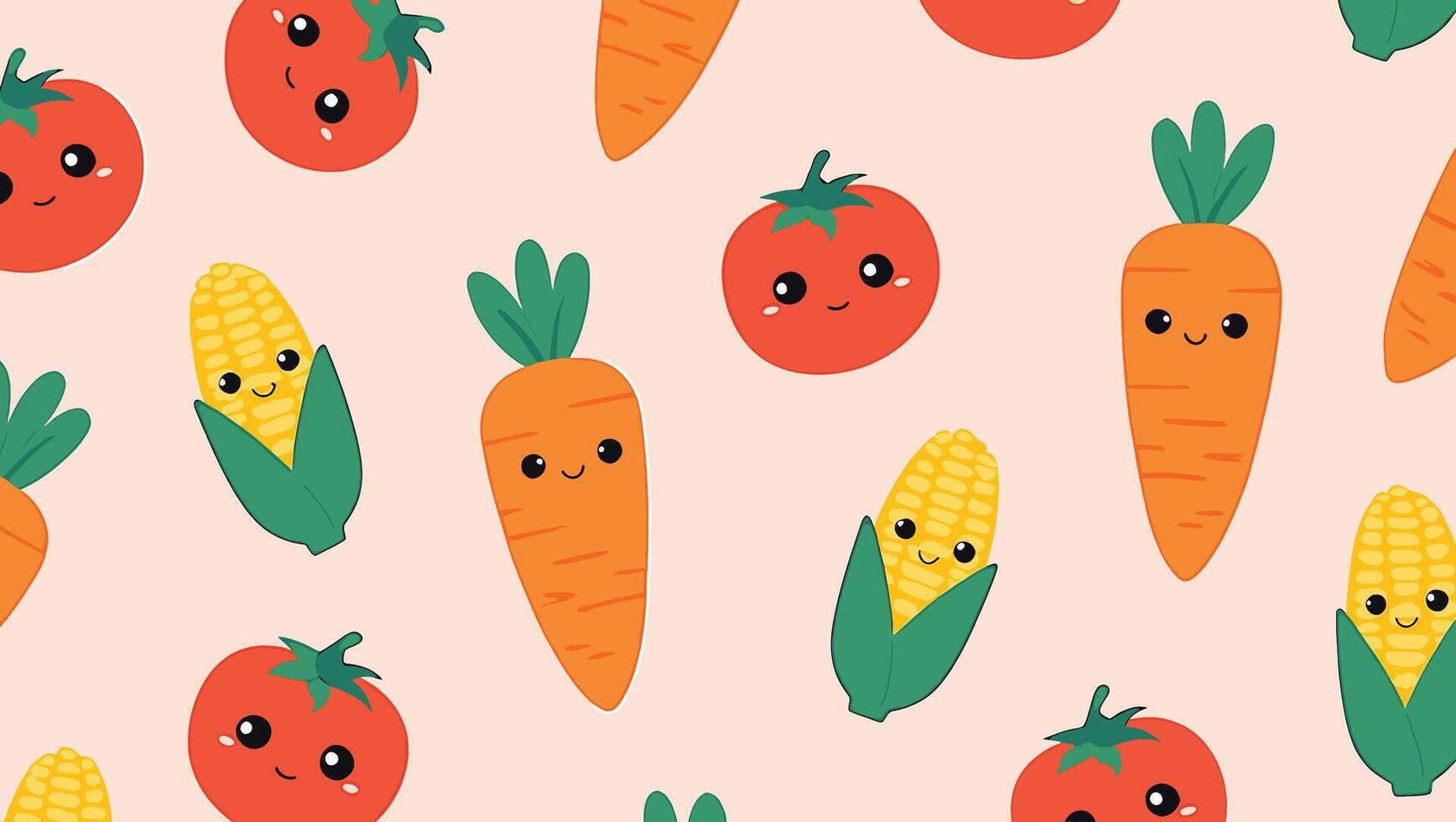 Delightful Seamless Pattern of Cute Cartoon Vegetables Happy Tomatoes, Carrots, and Corn on a Peach Background vector
