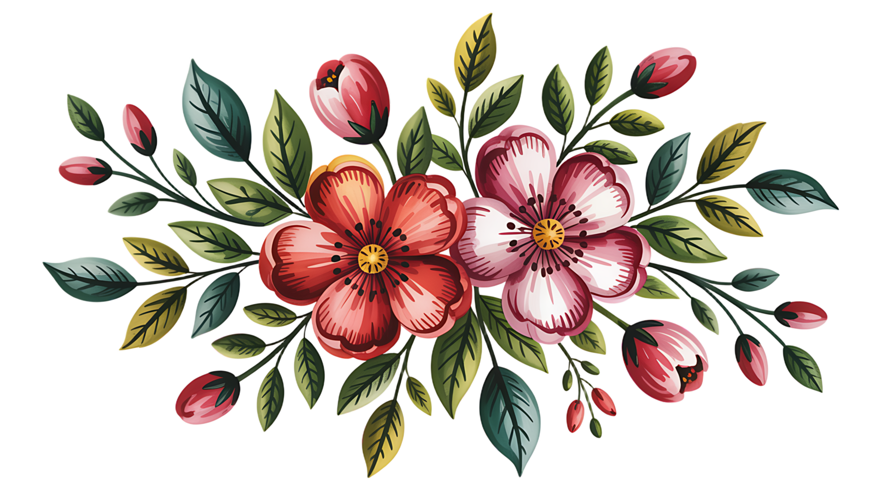 Beautiful hand drawn floral bouquet illustration with red and pink flowers and green leaves png