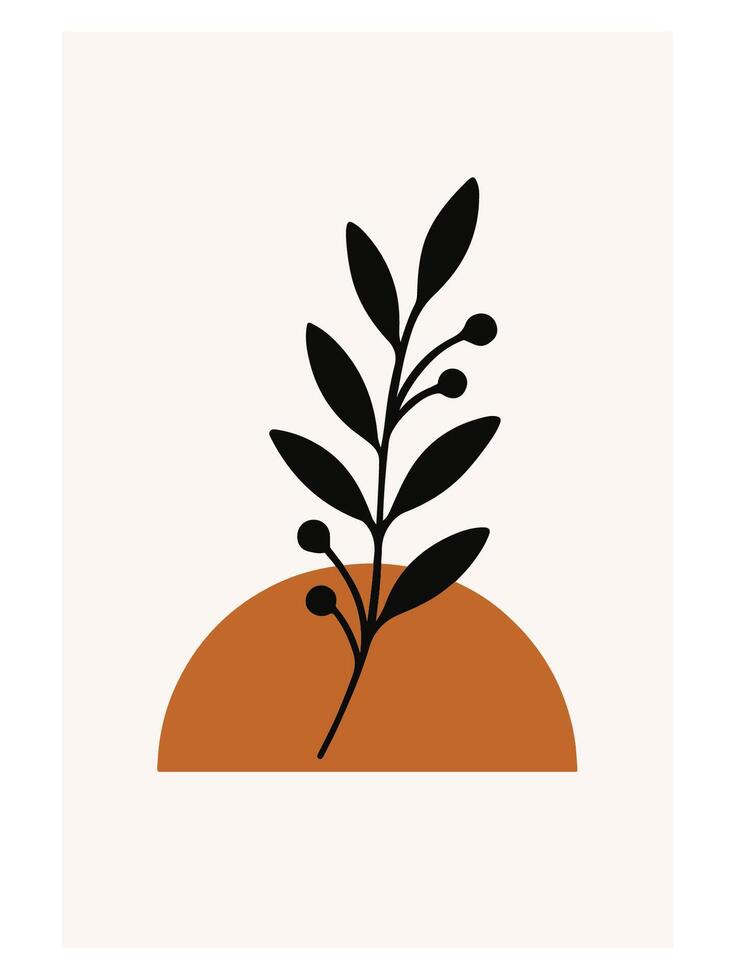 Sprig Silhouette over Sun - Abstract Boho Wall Art, Retro home decor illustration, minimalist Wall art vector