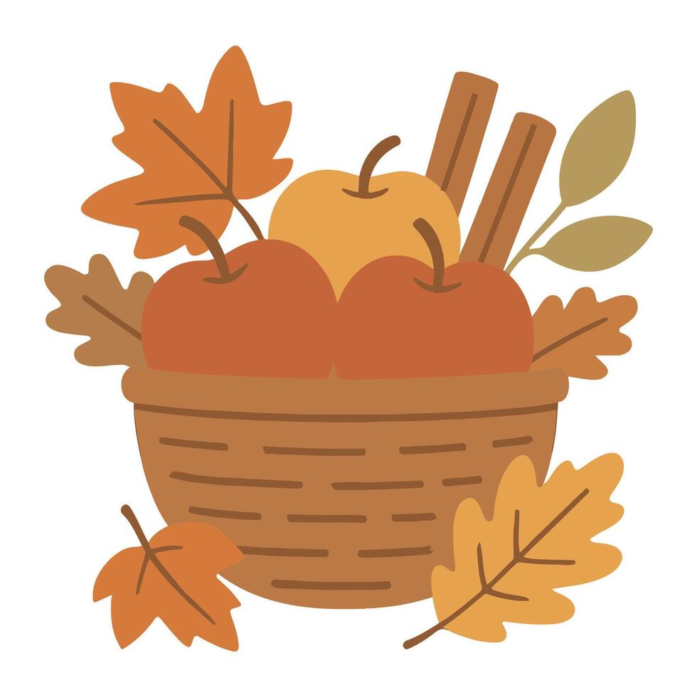 Harvest Apple Basket illustration - Fall Autumn Clipart, Retro Boho Autumn design sublimation, Happy Fall season vibes vector