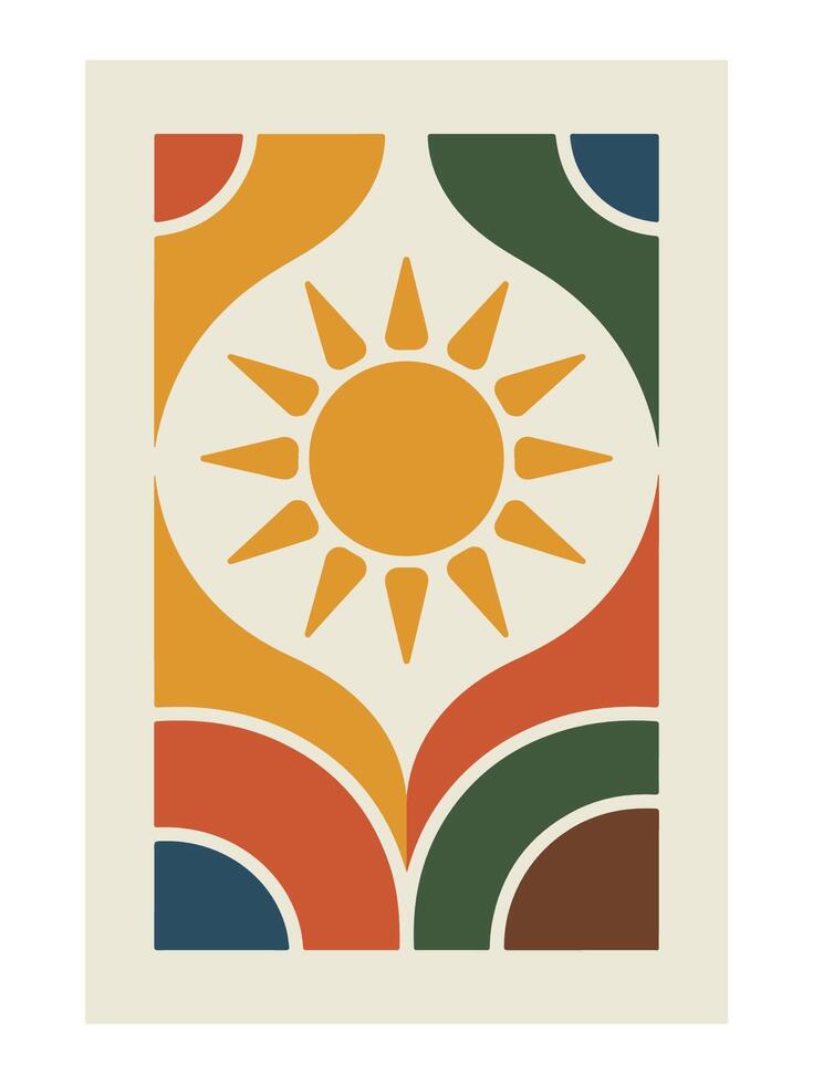 Tribal Sunburst - Abstract Boho Wall Art , Retro home decor illustration, minimalist Wall art vector