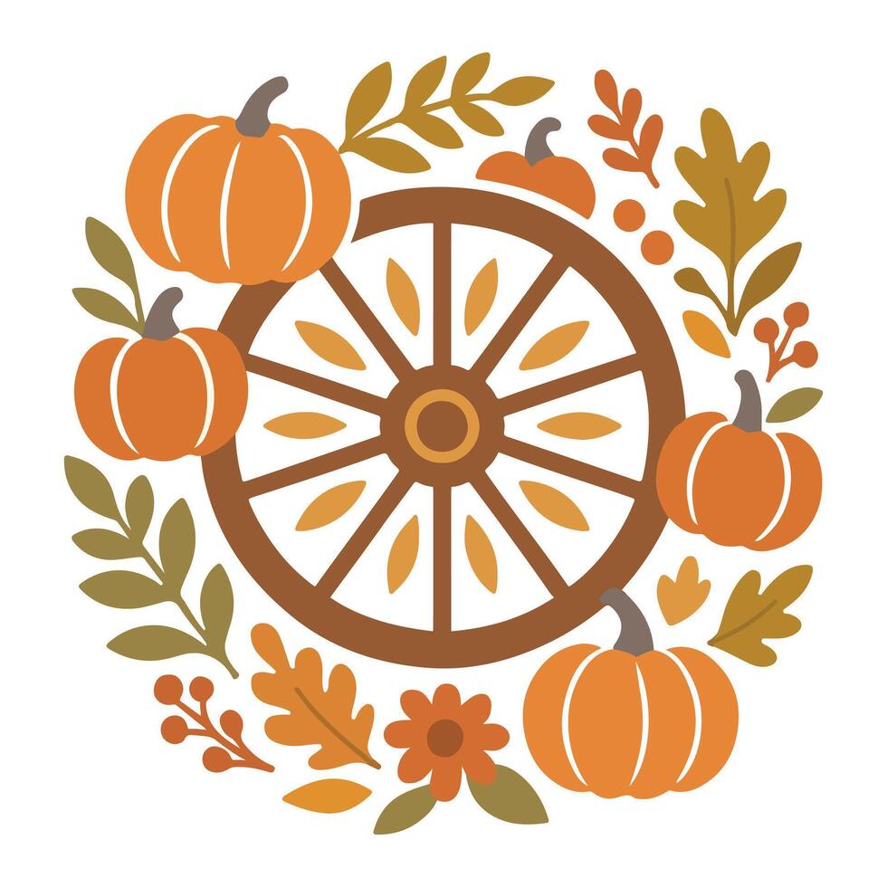 Pumpkin Wagon Wheel illustration, Fall Autumn Clipart, Retro Boho Autumn design sublimation, Happy Fall season vibes vector