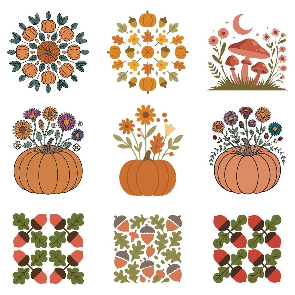Fall Autumn Clipart, collection of Retro Boho Autumn design sublimation, Happy Fall season vibes vector