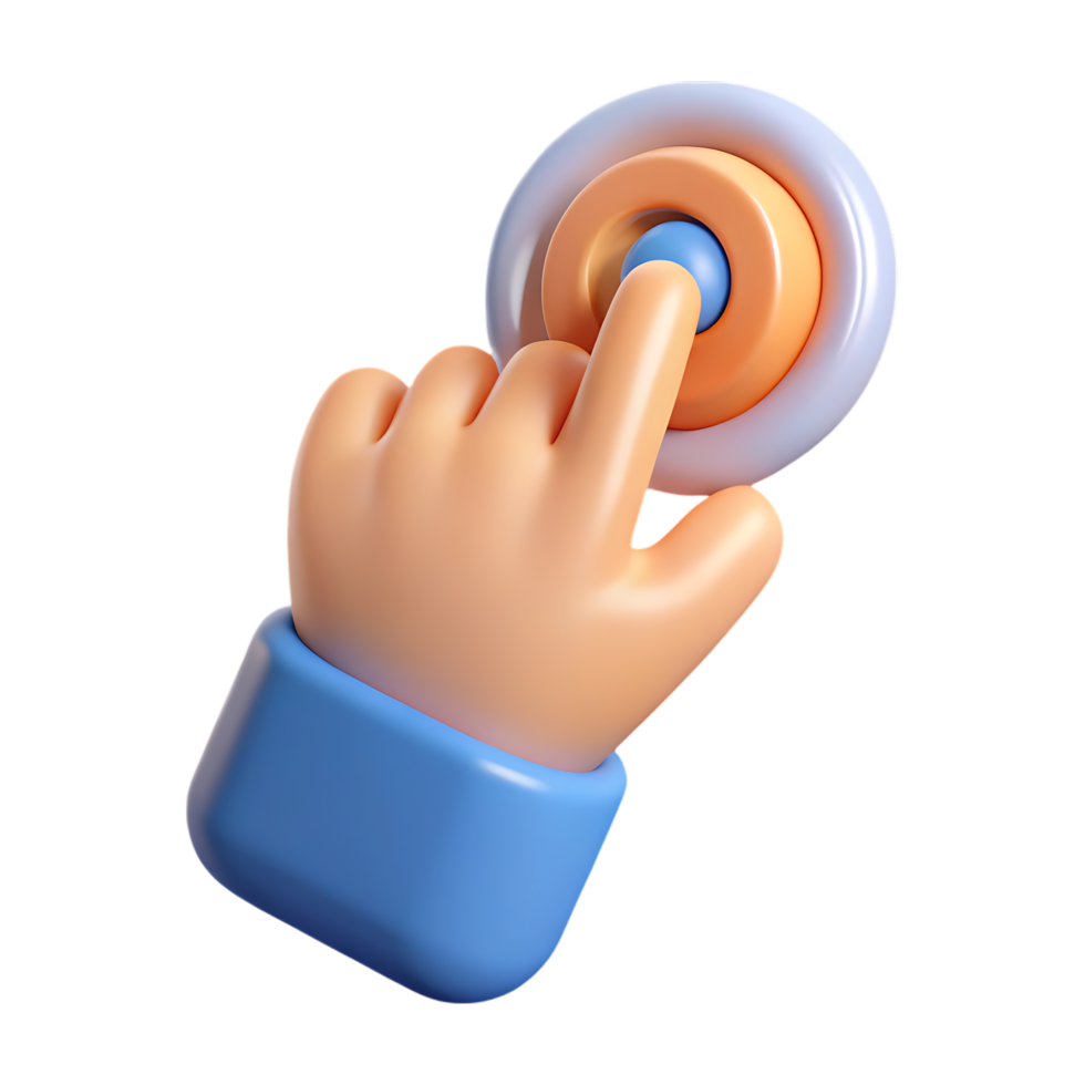 Cartoon hand pressing a round button concept illustrating interaction technology and digital design elements png