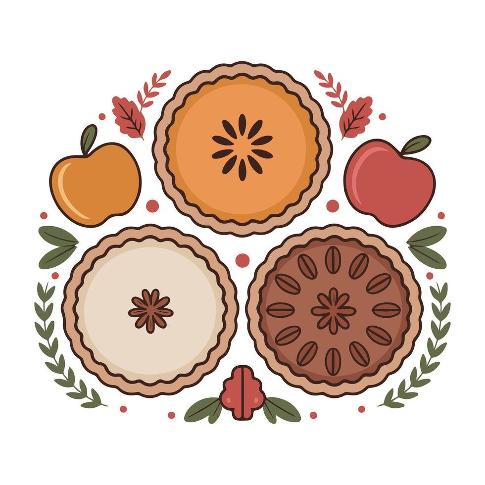 Thanksgiving Pie Trio illustration - Fall Autumn Clipart, Retro Boho Autumn design sublimation, Happy Fall season vibes vector