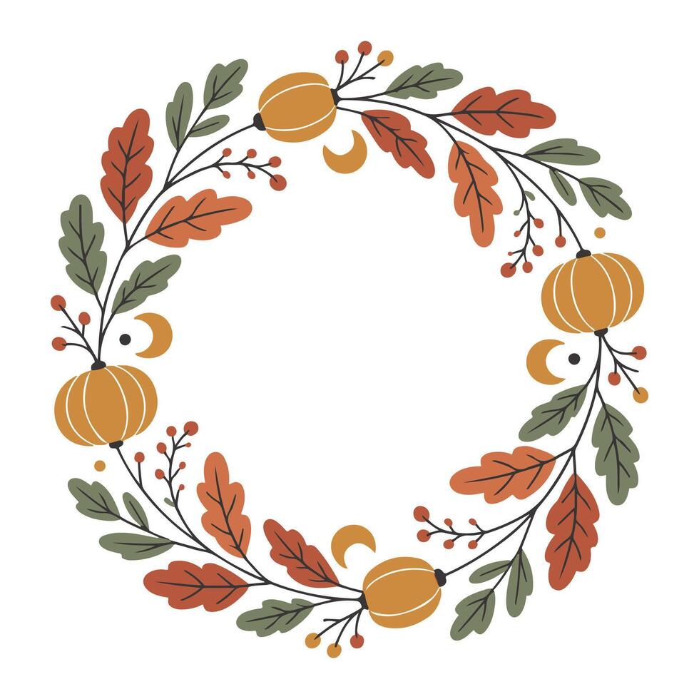 Harvest Circle Wreath illustration - Fall Autumn Clipart, Retro Boho Autumn design sublimation, Happy Fall season vibes vector