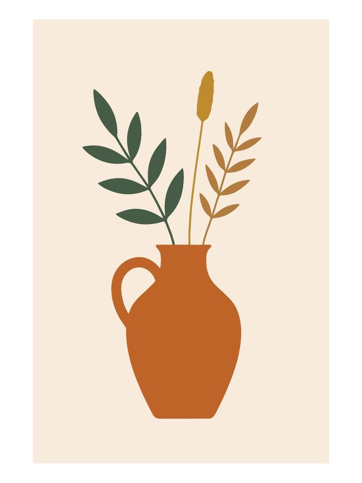 Terracotta Jug Botanical Print - Abstract Boho Wall Art , Retro home decor illustration, minimalist Wall art vector