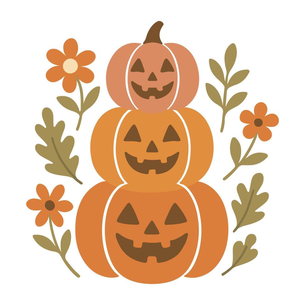 Carved Jack Stack illustration - Fall Autumn Clipart, Retro Boho Autumn design sublimation, Fall season vibes vector