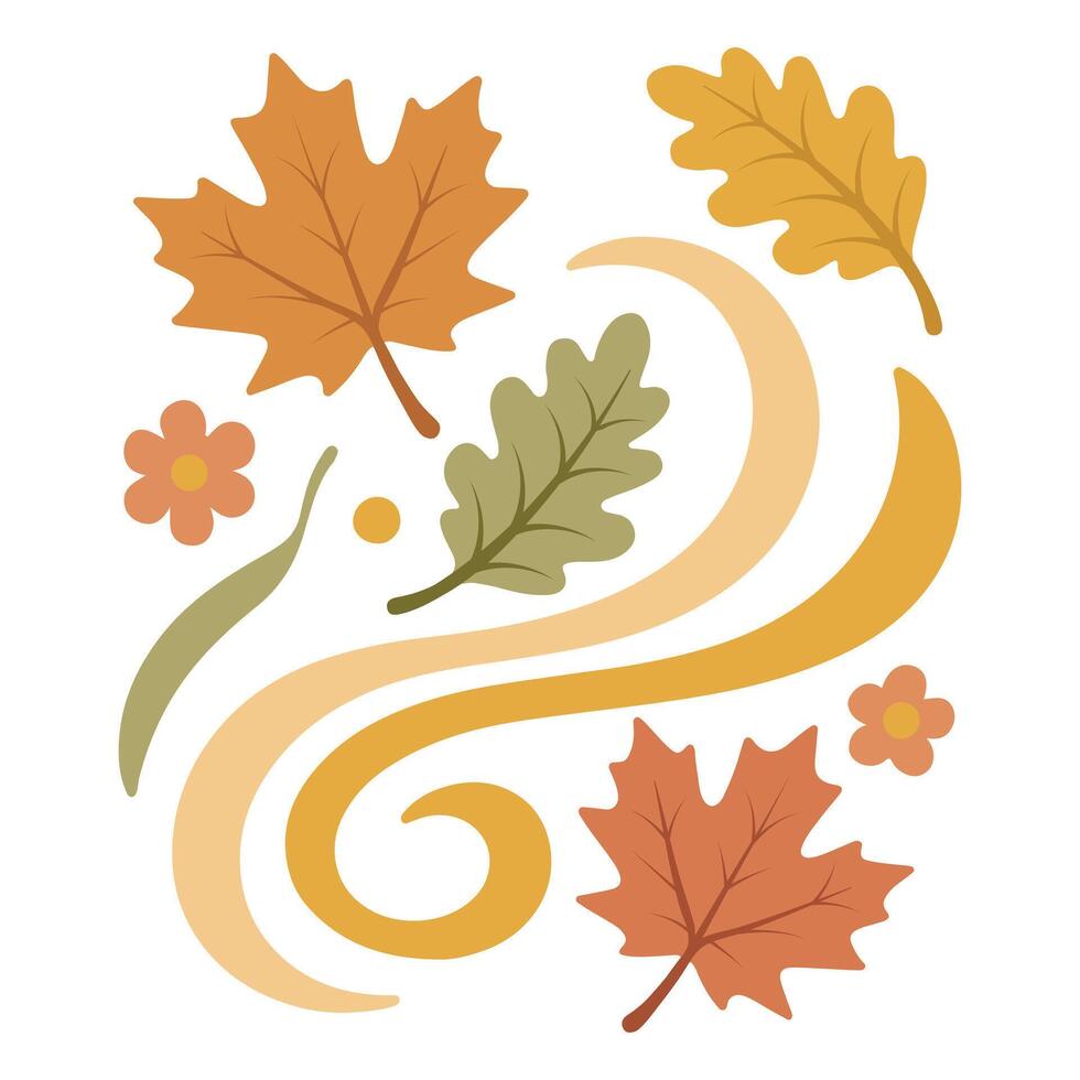 Falling Leaves Swirl illustration - Fall Autumn Clipart, Retro Boho Autumn design sublimation, Happy Fall season vibes vector