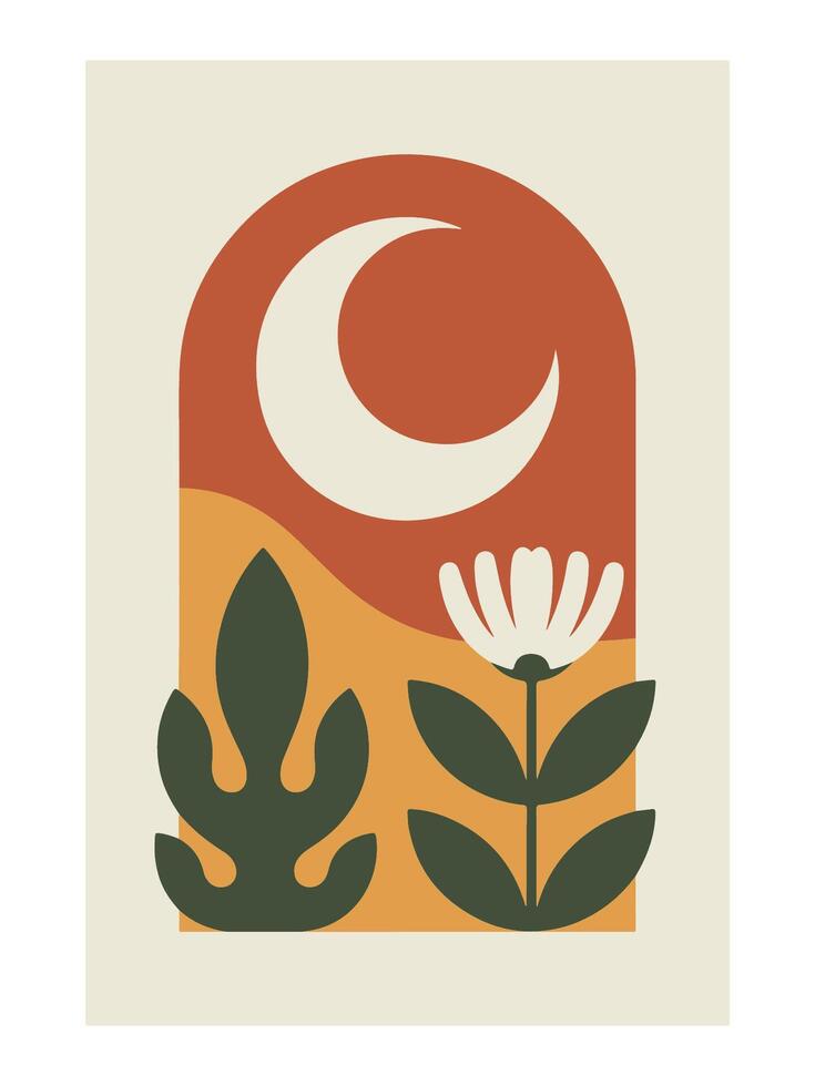 Crescent Moon Bloom - Abstract Boho Wall Art , Retro home decor illustration, minimalist Wall art vector