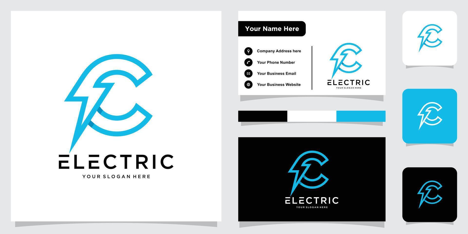 Initial C Letter with Lightning Bolt Logo Design with business card design vector