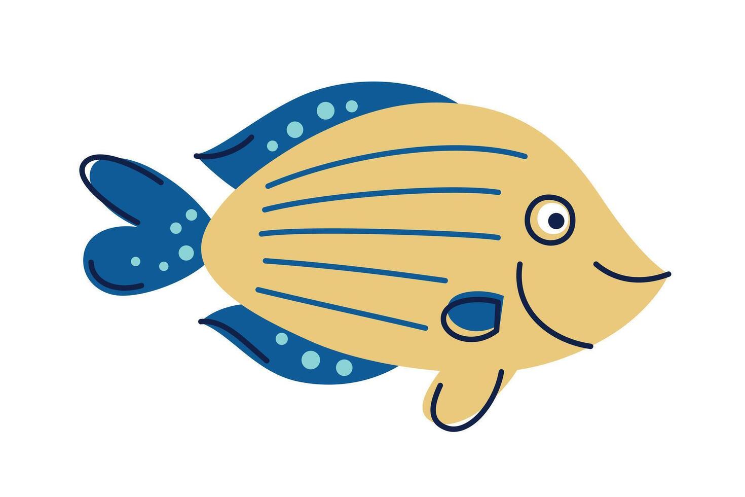 Flat cartoon illustration of smiling royal angel fish character with yellow stripes and blue fins. Cute tropical marine animal for kids products, ocean themed designs, nursery decor, education vector