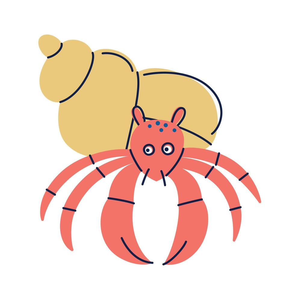 Flat cartoon illustration of cute hermit crab character in bright kids style. Colorful marine animal with shell for childrens ocean designs, underwater world, sea life and educational materials vector