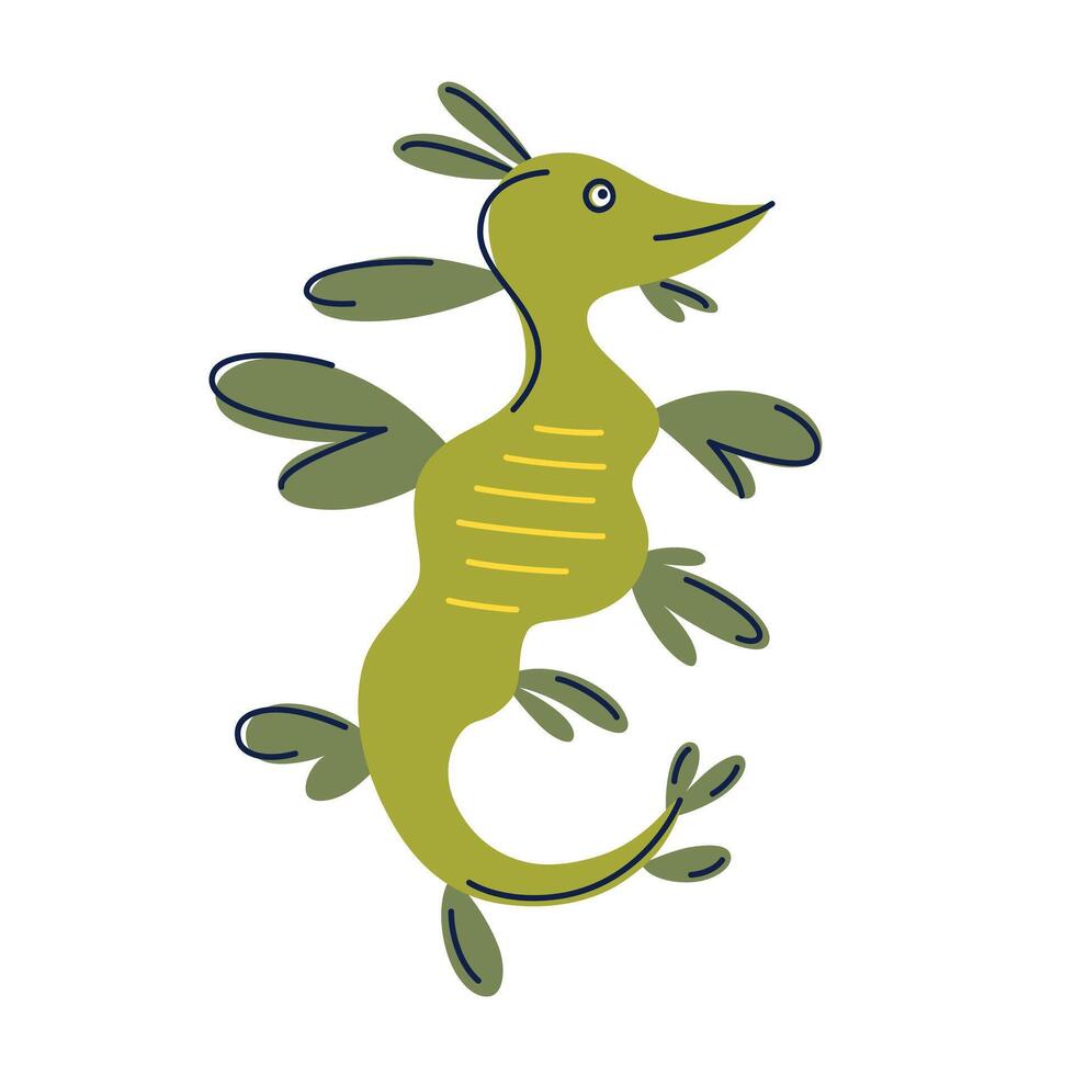 Flat cartoon illustration of leafy sea dragon in kids style. Exotic marine creature with leaf like fins for ocean childrens designs, seahorse character for education, nature concepts vector