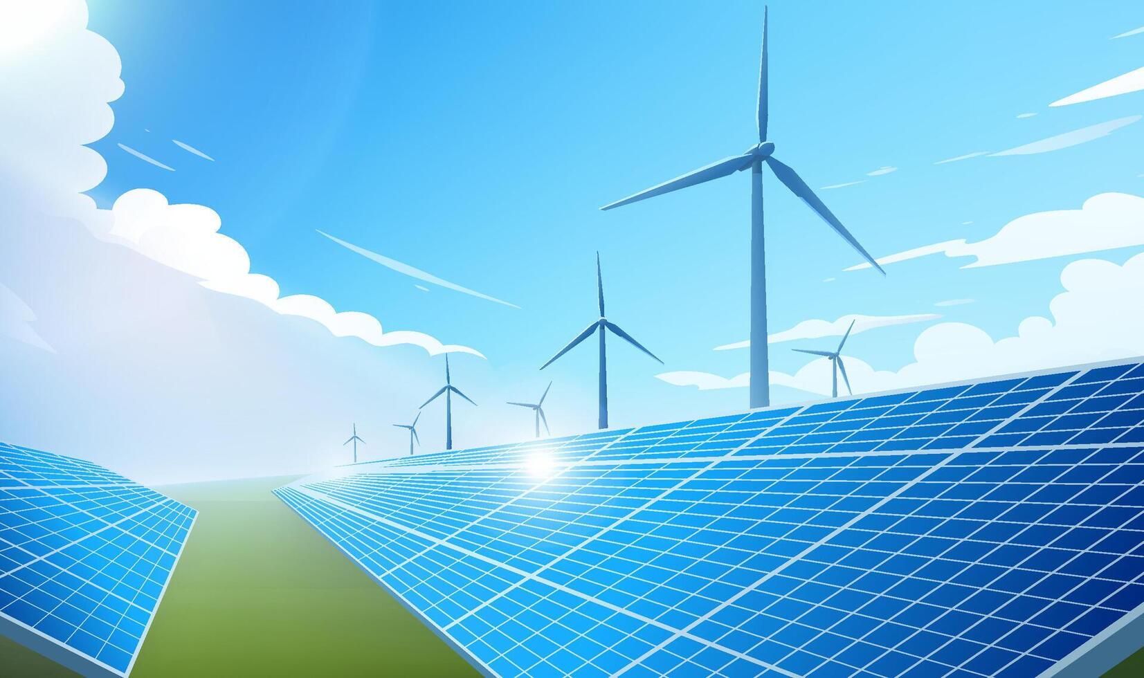 Solar panels and wind turbines landscape vector