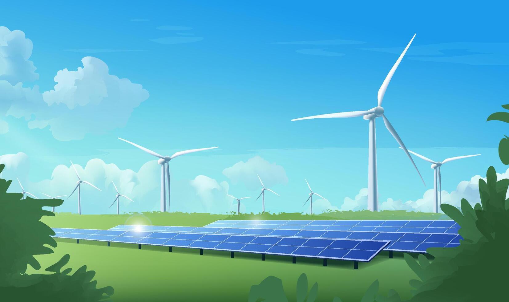 Solar panels and wind turbines in green field vector