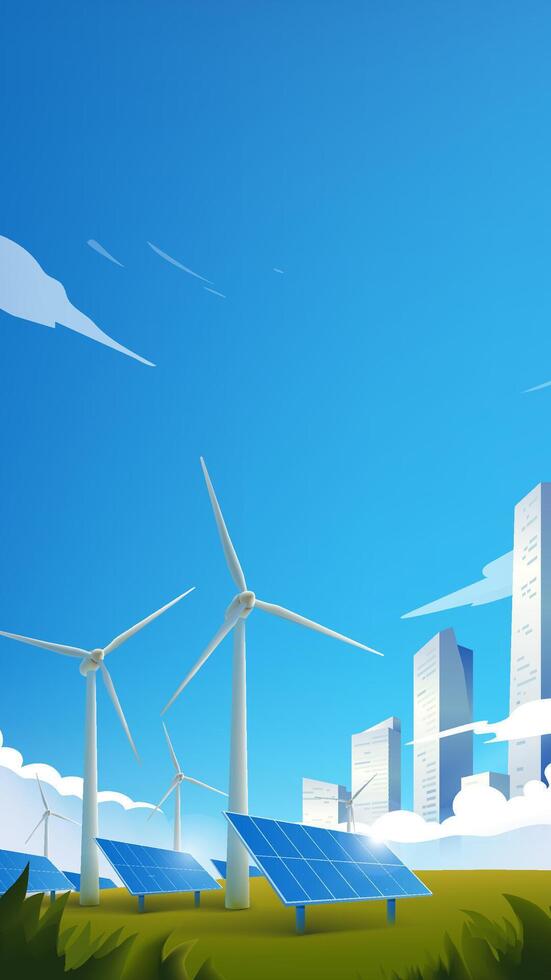 Wind turbines and solar panels illustration vector
