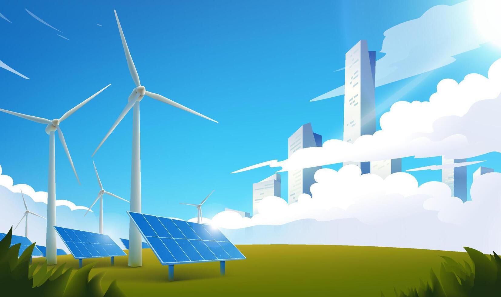 Solar panels and wind turbines in landscape vector