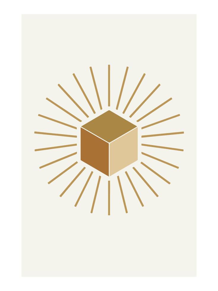 Hollow Cube with Sunburst Rays - Abstract Boho Wall Art , Retro home decor illustration, minimalist Wall art vector