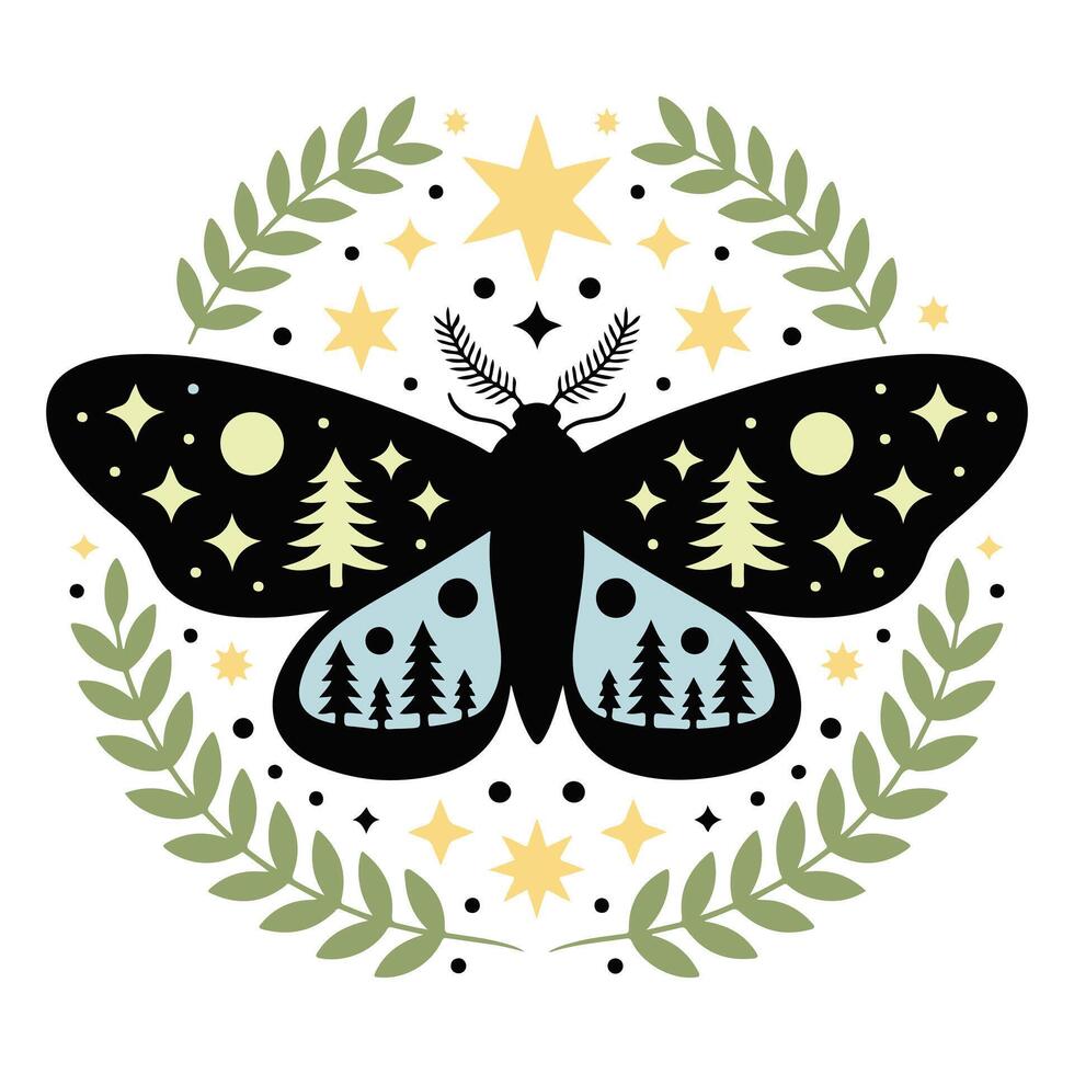 Dreamy Boho T-shirt with Moth and Butterfly Motif vector