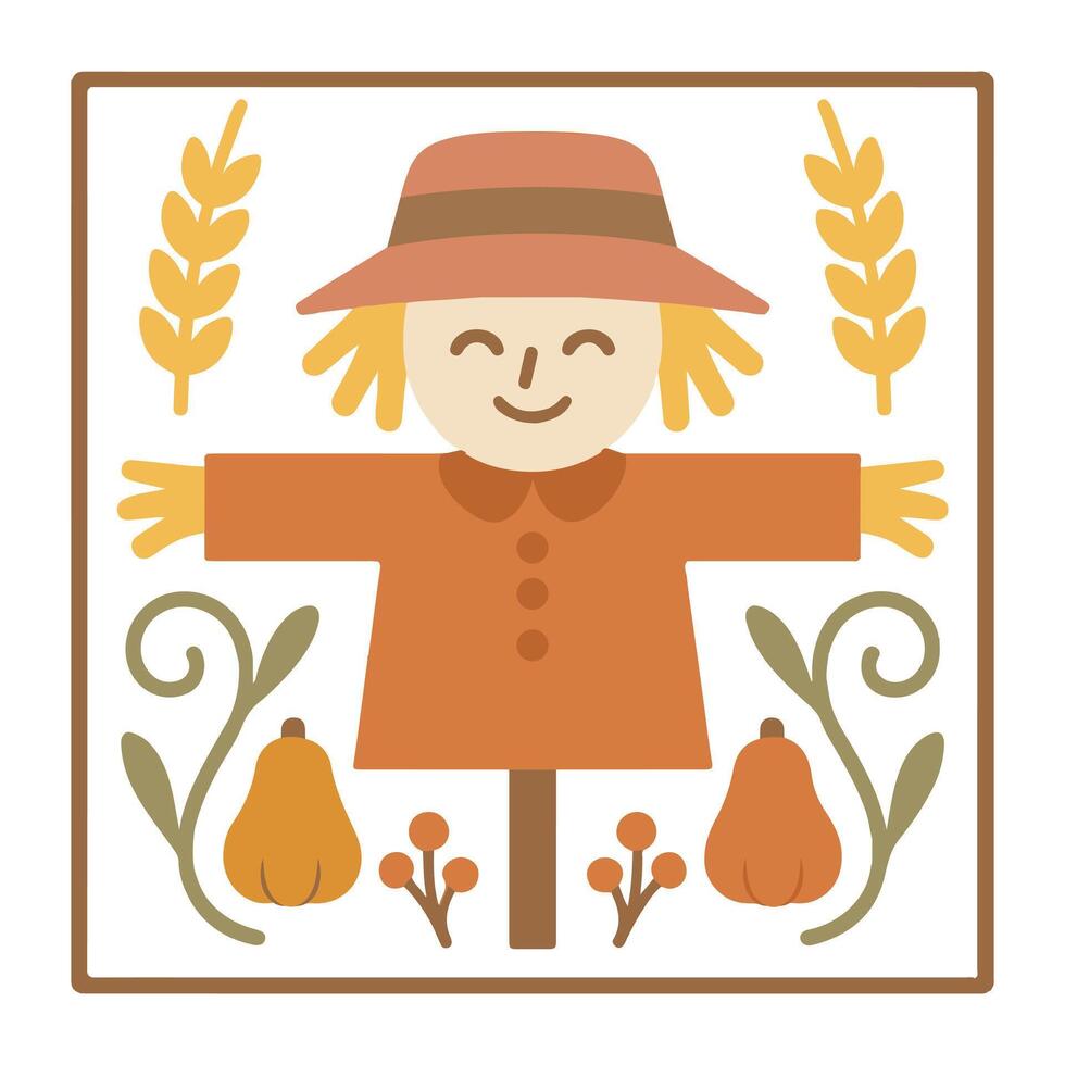 Boho Scarecrow Square illustration - Fall Autumn Clipart, Retro Boho Autumn design sublimation, Happy Fall season vibes vector