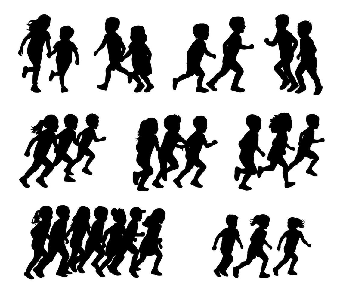 Running kids silhouettes , children playing and activity, children in silhouette running vector