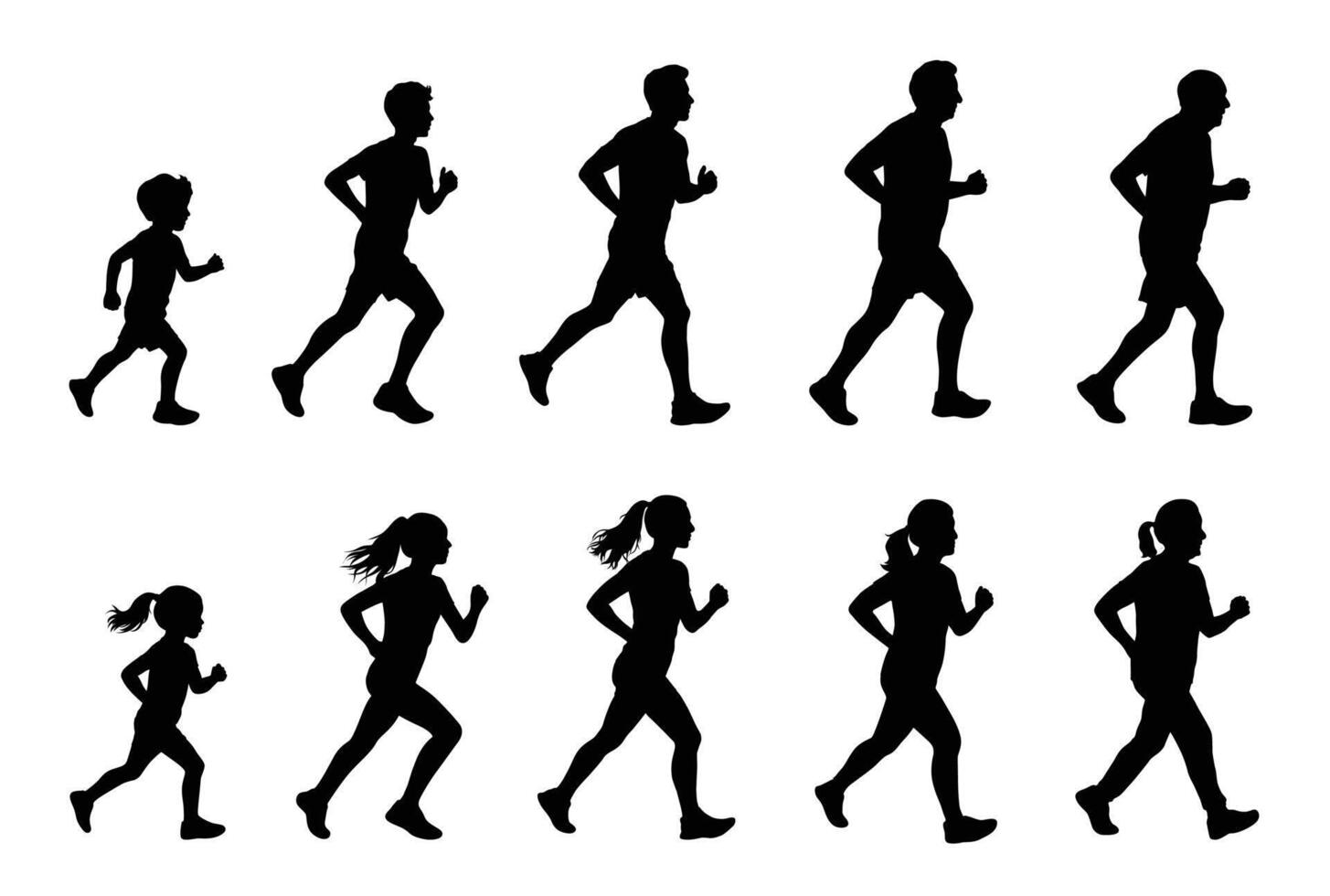 Running people, Runners of different ages are running, children, young people and senior are running silhouette vector