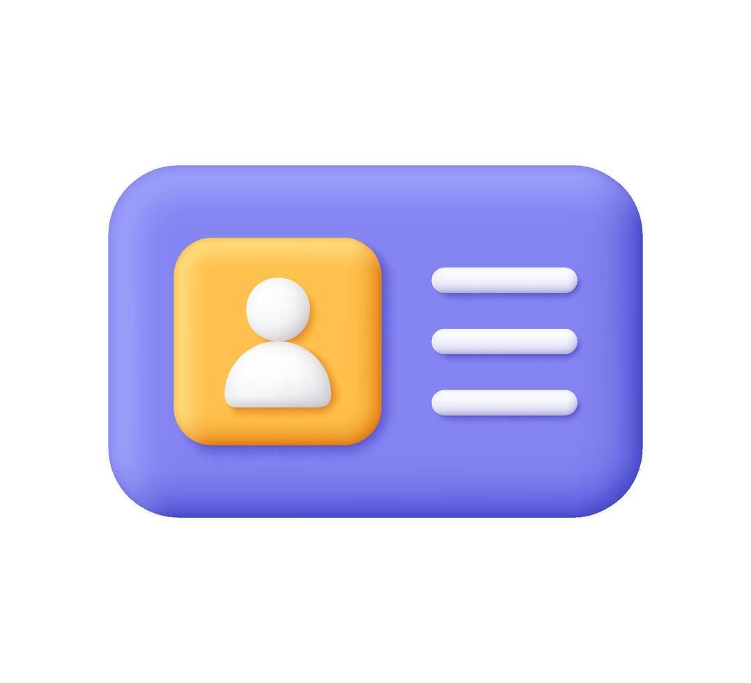 Purple Id card, identity badge, driver license with user profile icon. Business, security, identity, authentication and employee badges concept. 3d icon. Cartoon minimal style. vector