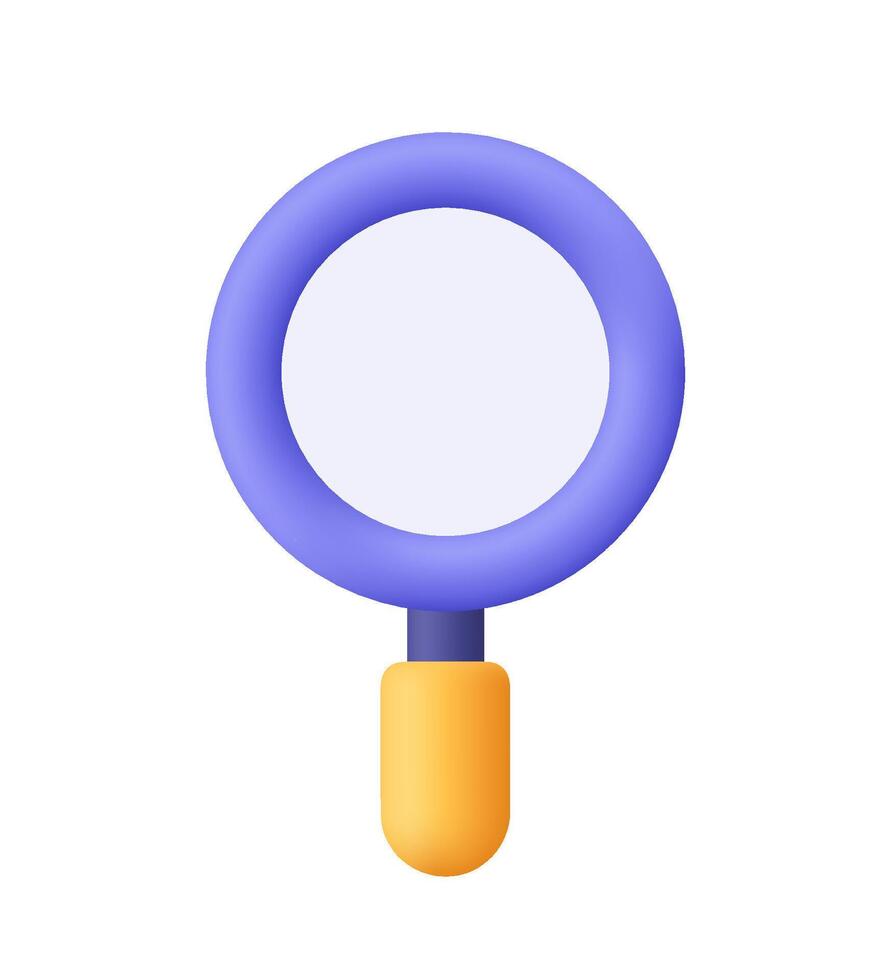 Purple magnifier, magnifying glass with yellow handle. Discovery, research, search, analysis and investigation concept. 3d icon. Cartoon minimal style. vector
