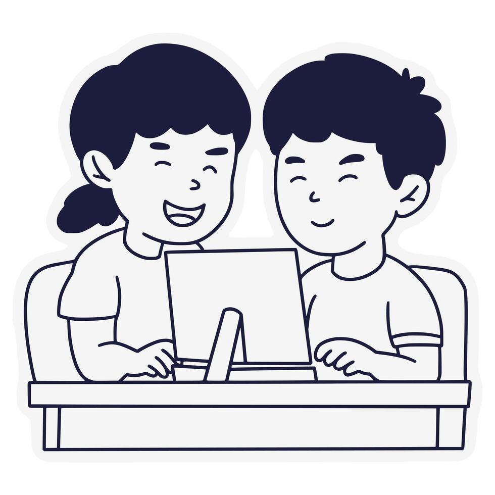 Girl and boy doing homework together on computer illustration vector
