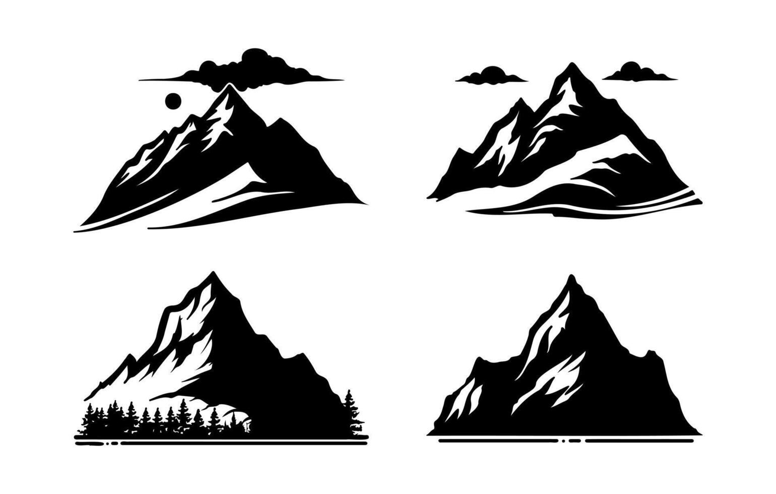 Collection of Mountain Silhouettes with Clouds and Forest vector