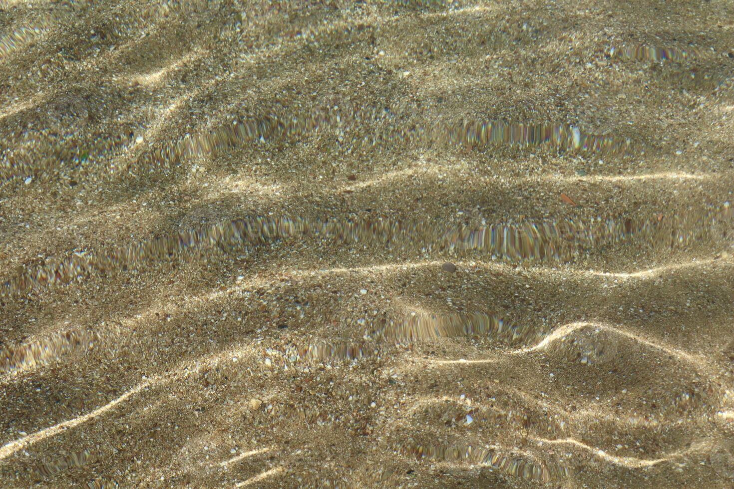The image captures a clear, shallow body of water gently flowing over a sandy seabed. Sunlight creates delicate ripples and patterns, emphasizing the natural textures below. photo
