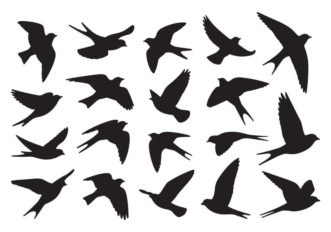 Collection of Bird Silhouettes in Flight Black Flying Poses on White Background. vector