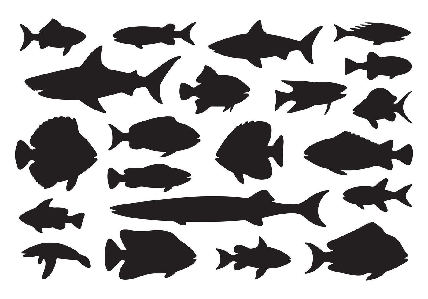 Minimalist Black Fish Silhouettes in Grid Layout on White Background. vector