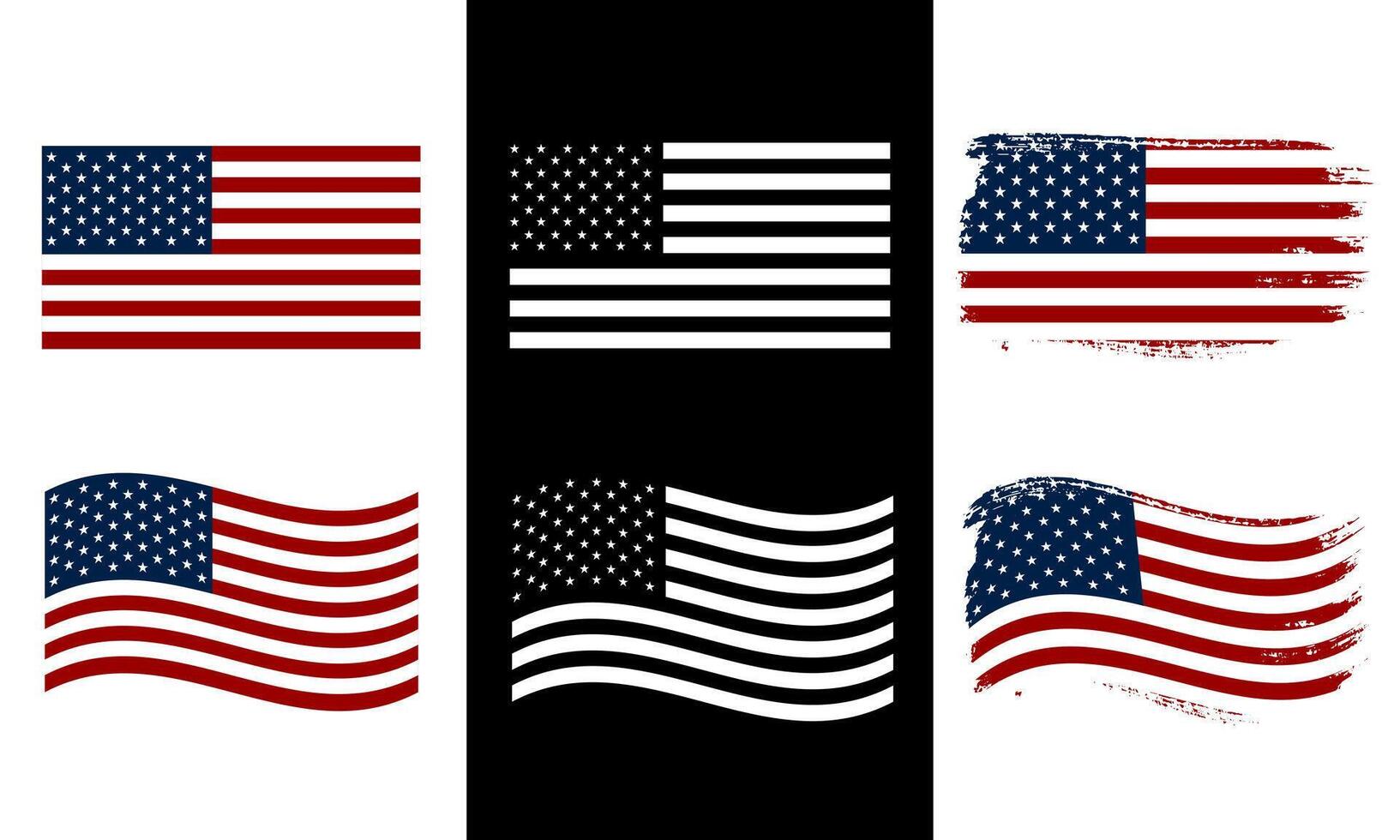 American flag set. USA Flag waving, flat, and grunge set. Isolated on white and black color. vector