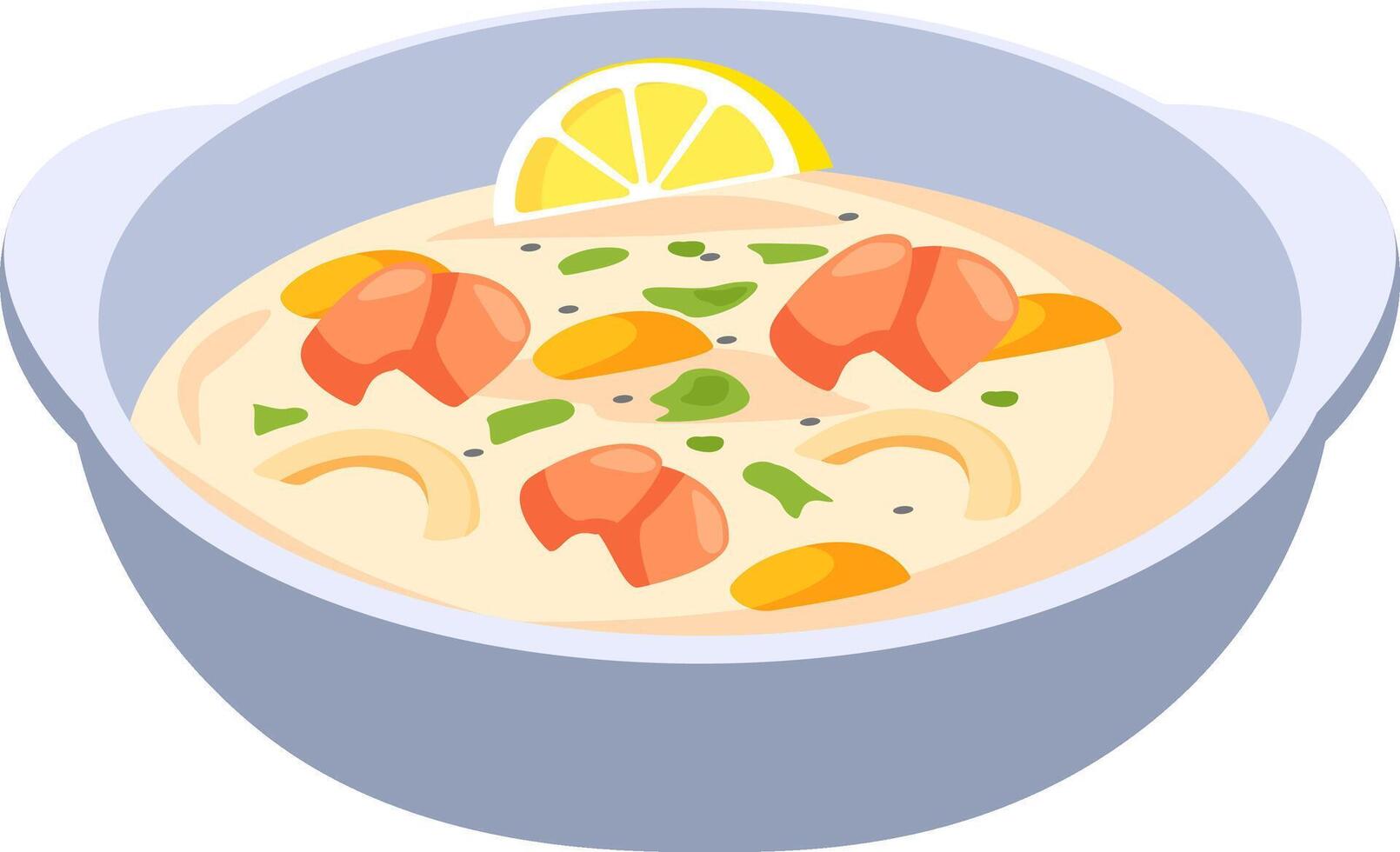 Creamy shrimp soup featuring fresh vegetables, aromatic herbs, and a zesty lemon slice, served in a bowl, creating a comforting and flavorful meal perfect for any occasion vector