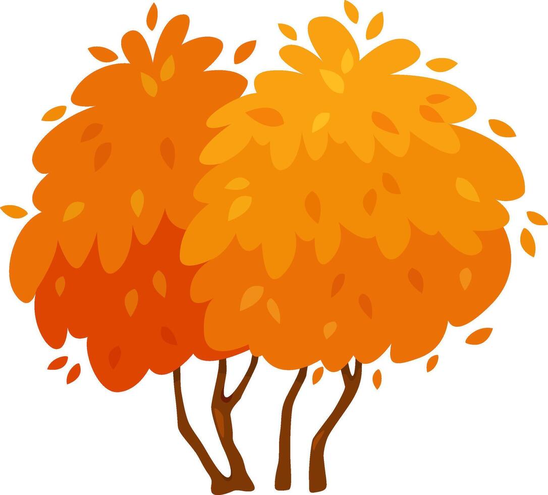 Two stylized trees stand side by side, their full canopies displaying a rich spectrum of orange and reddish hues, creating a warm and inviting autumnal scene vector