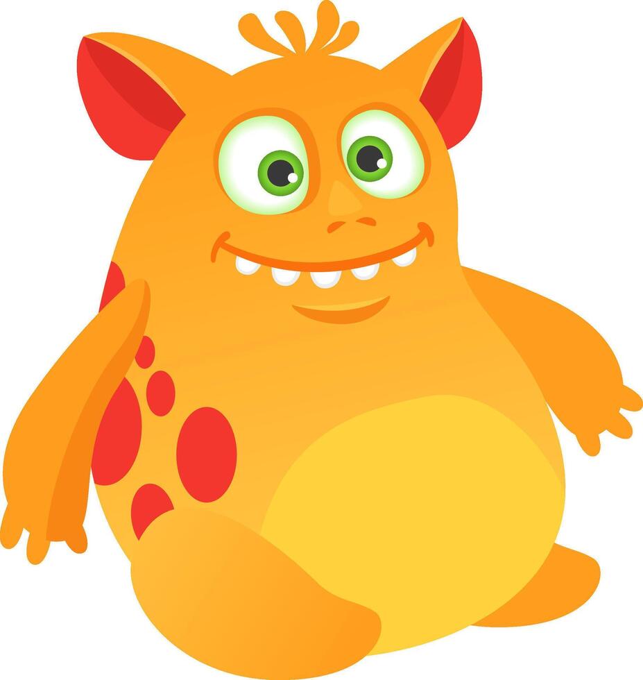Cartoon illustration featuring a cheerful orange and yellow monster with large green eyes, oversized ears, and playful red spots, happily sitting on the floor against a white background vector