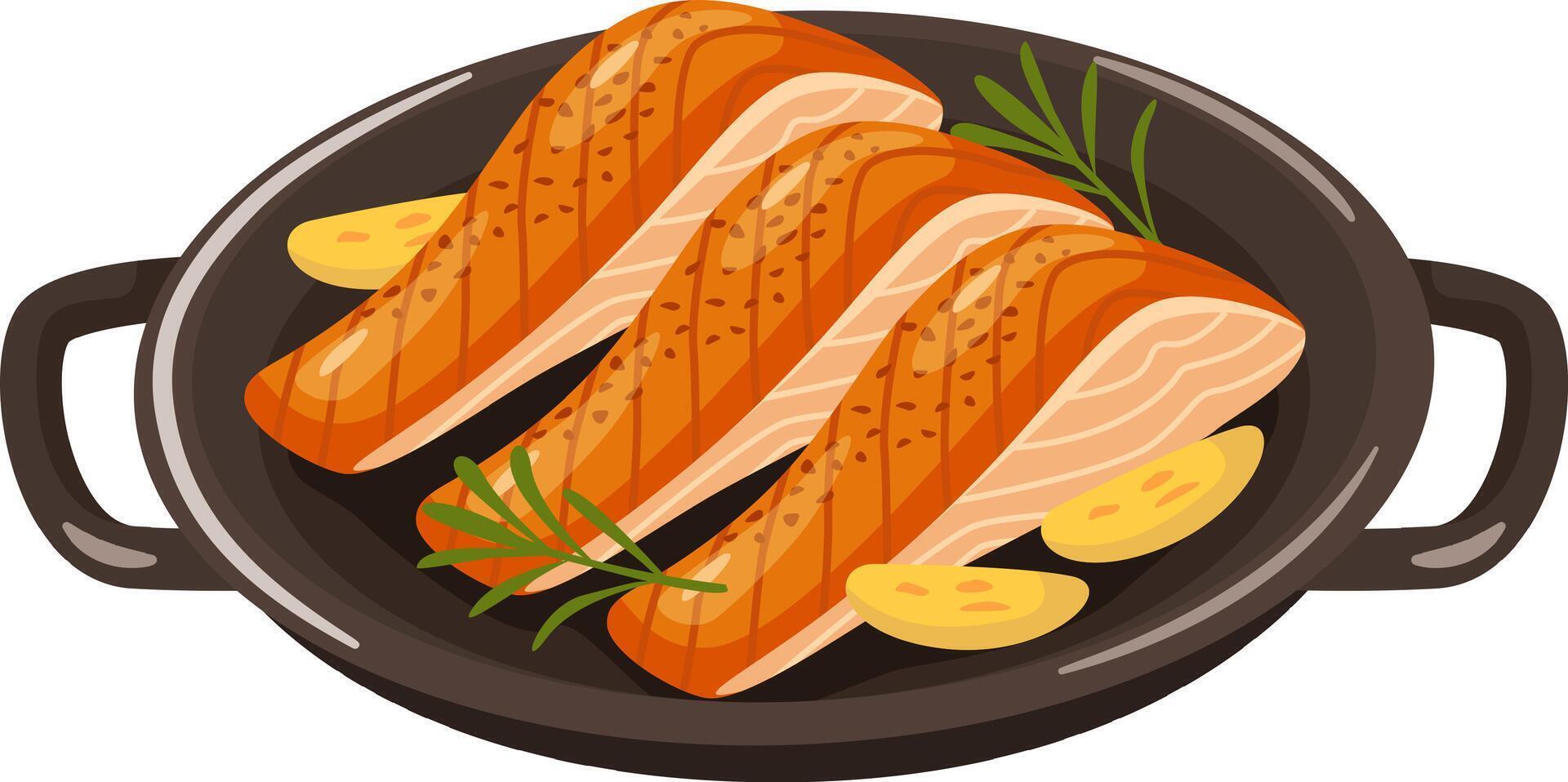 Three delicious grilled salmon fillets seasoned with garlic cloves and rosemary sprigs, served in a black pan, representing a healthy and flavorful meal vector