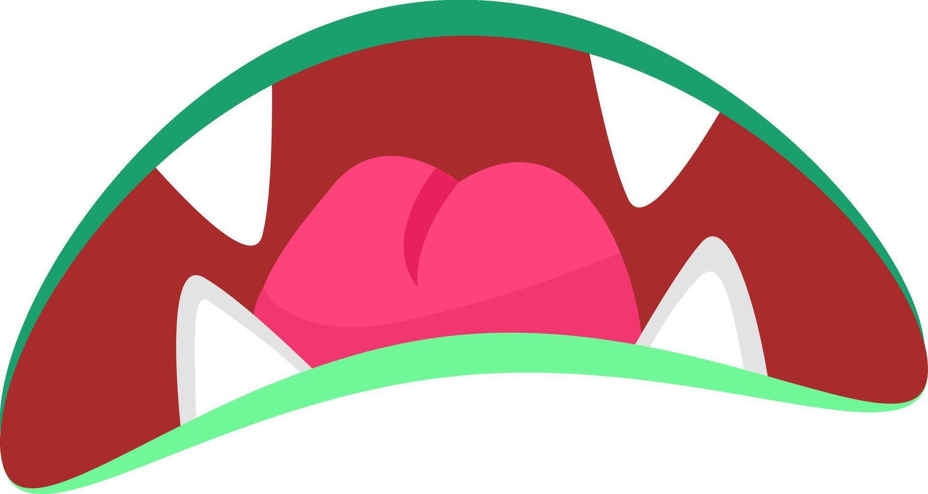 Cartoon illustration featuring a fearsome green monster with its mouth wide open, displaying sharp white teeth and a bright pink tongue, letting out an intimidating roar against a white background vector