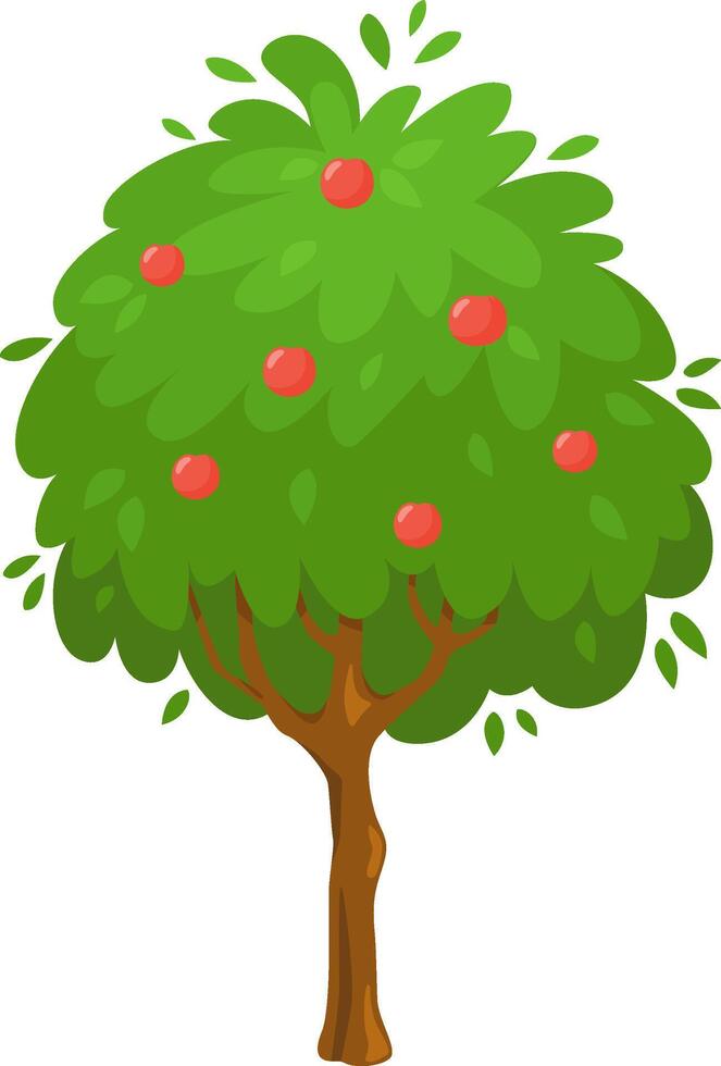 Cartoon illustration of a lush green tree with ripe red apples growing on its branches, set against a white background, perfect for children's books or educational materials vector