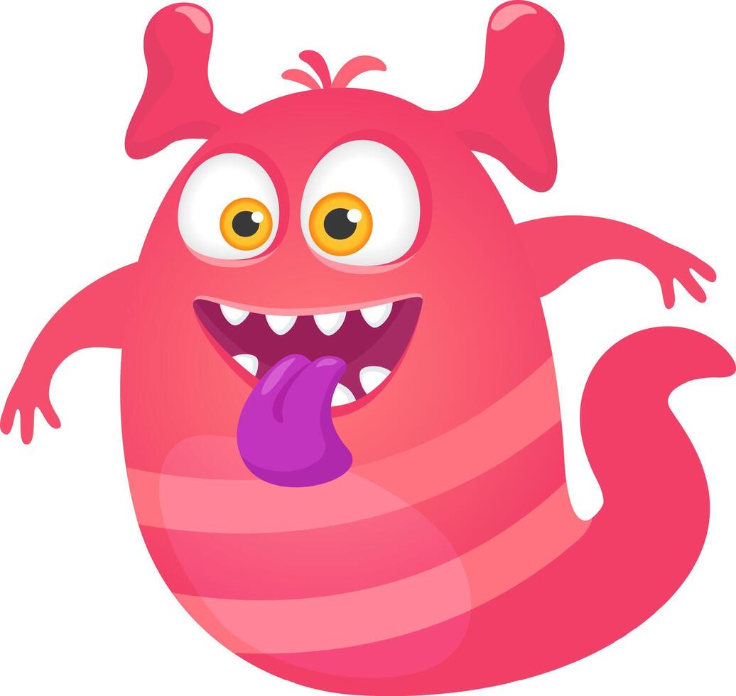 Happy smiling pink cartoon monster with big eyes, open mouth, purple tongue, and two antennas, ideal for children's illustrations or fantasy projects vector