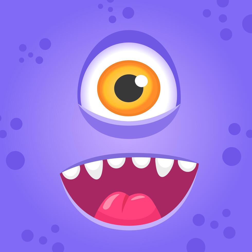 Cartoon illustration of a funny purple monster with one big yellow eye and a wide open mouth showing its tongue sticking out on a purple background with circles vector