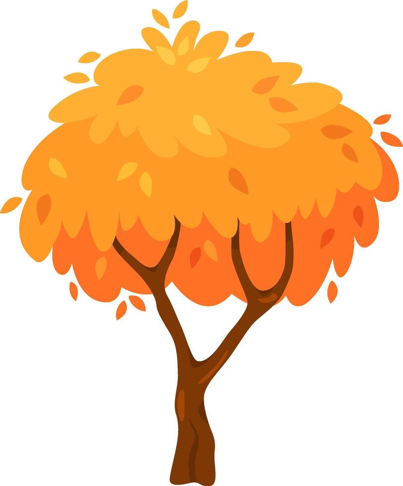 Lush cartoon autumn tree displaying vibrant orange leaves falling gracefully, crafting a whimsical fall scene ideal for nature themed projects and creative designs vector